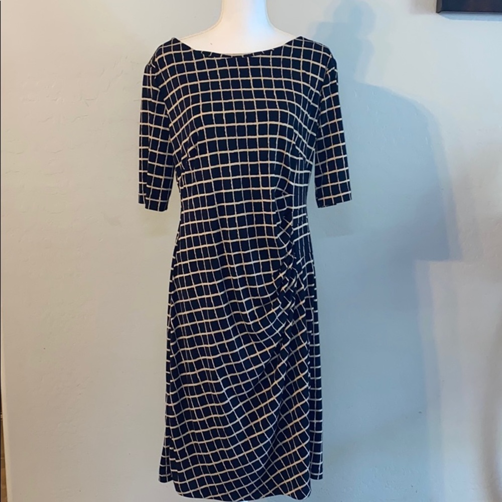 3/4 sleeve navy blue checkered dress